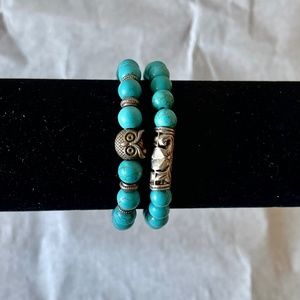 Bracelet Set - Teal Owl Marble Stainless Steal Beaded Bracelet Set of 2